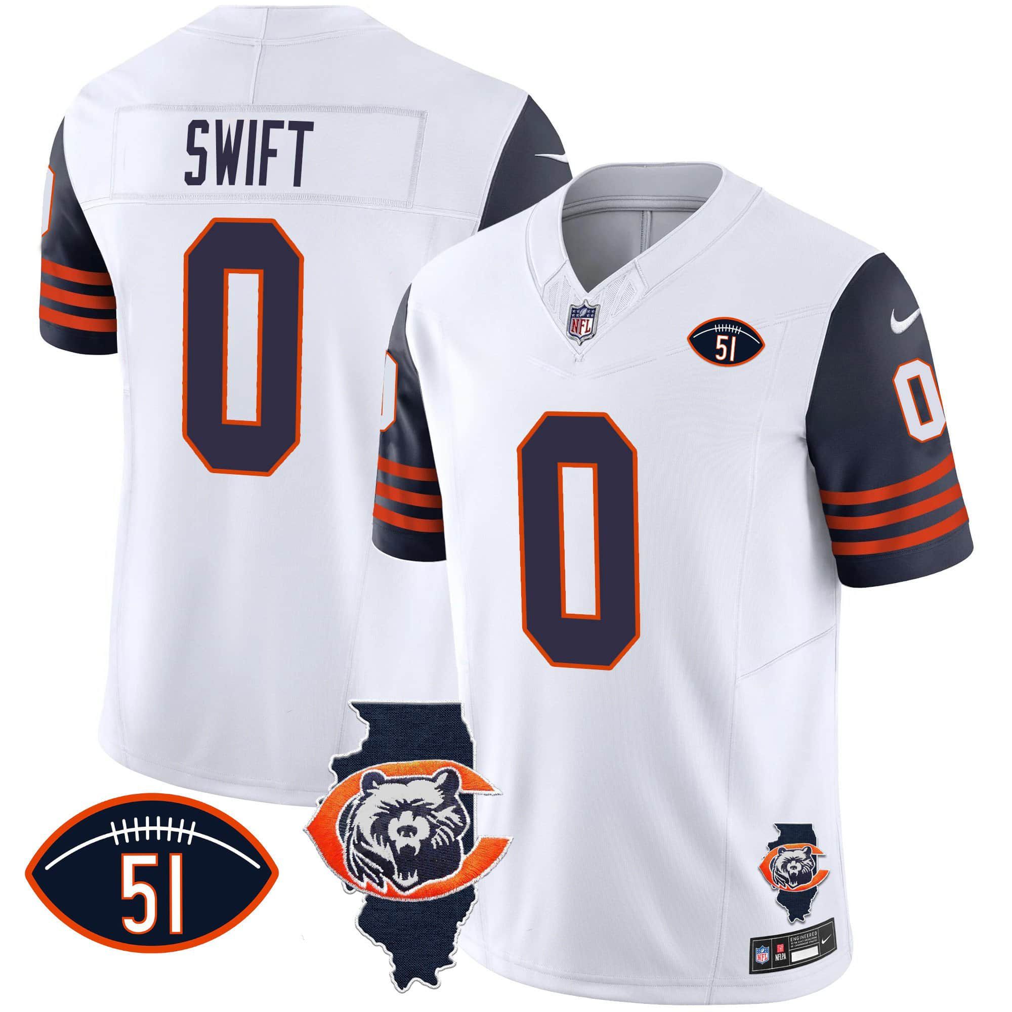 Men Chicago Bears #0 Swift White 2024 Nike Throwback Illinois Patch Vapor NFL Jersey style 1